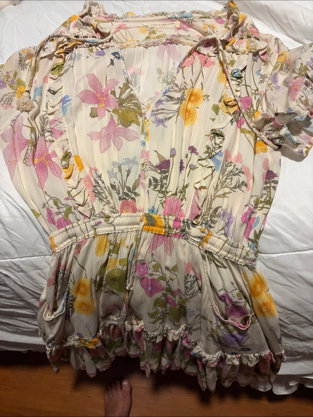 NWOT. Spell  & The Gypsy. Floral Ruffle Peplum Mini Dress .